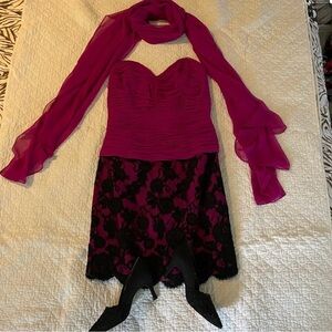 Beautiful Vintage Magenta Cocktail Dress with Black Lace Overlay